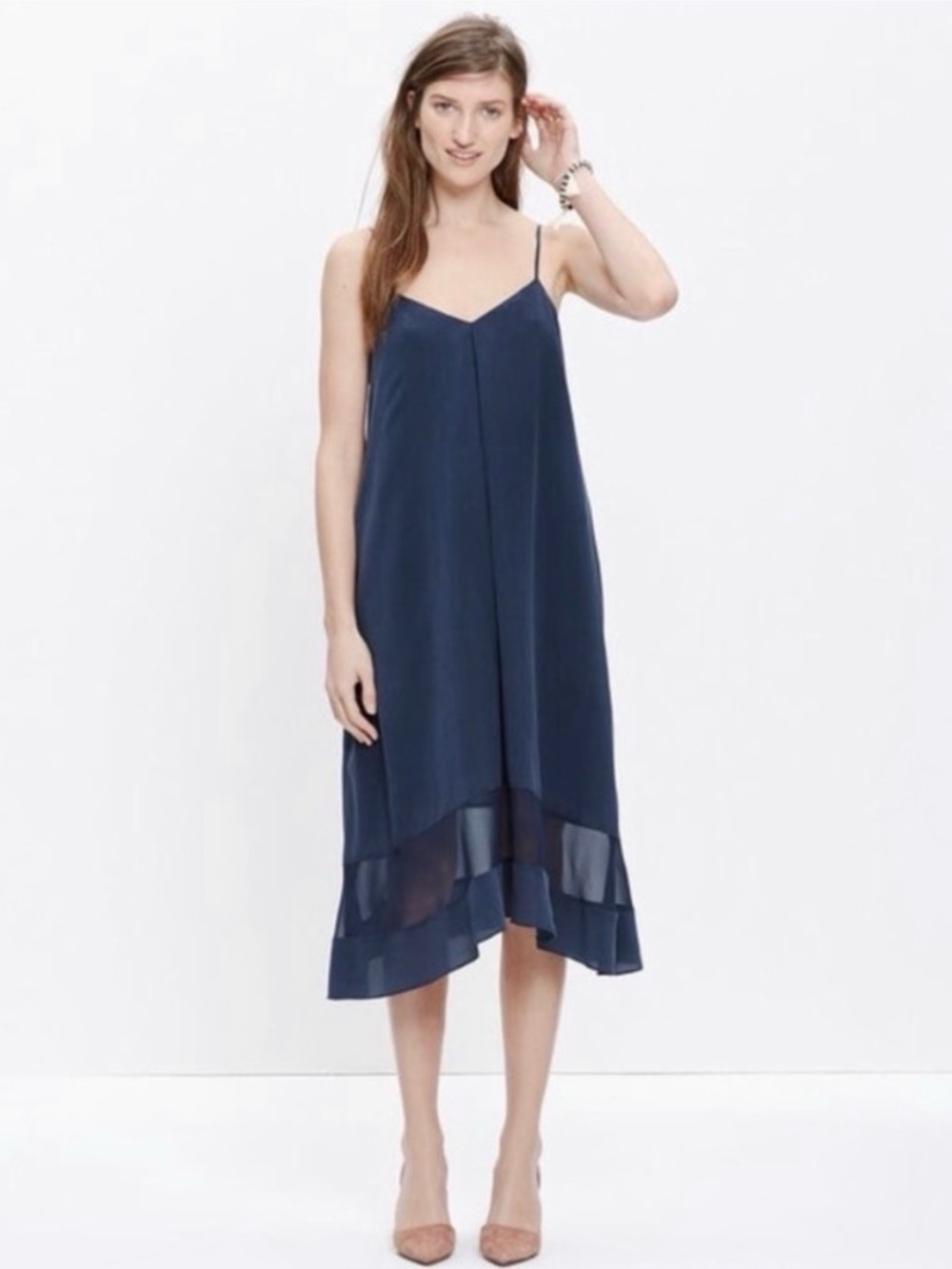 Madewell Silk Sheer-Stripe Cami Dress Navy Blue Size M